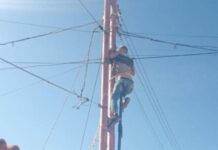 Hombre pierde el conocimiento sobre un poste del alumbrado público