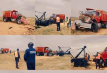 Camión volteo se volcó en Cararapa