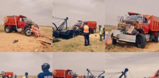 Camión volteo se volcó en Cararapa