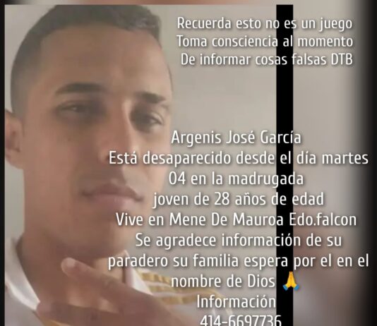 Joven de Mene Mauroa está desaparecido Joven de Mene Mauroa está desaparecido