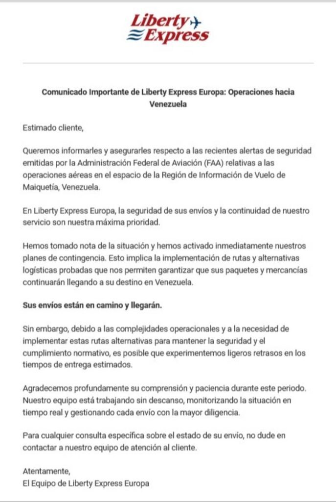 Aclaran, que es posible que se experimenten ligeros retrasos en los tiempos de entrega estimados debido a estas complejidades operacionales.

Liberty Express agradece la comprensión y piden contactar a atención al cliente para consultas específicas sobre el estado de los envíos.