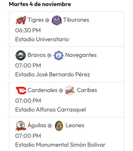 Entretanto, Bravos de Margarita se enfrentará a los Navegantes del Magallanes en el estadio José Bernardo Pérez; Cardenales de Lara a Caribes de Anzoátegui en el estadio Alfonso Chico Carrasquel y Águilas del Zulia a los Leones del Caracas en el estadio Monumental Simón Bolívar, todos estos partidos arrancarán a las 7:00 de la noche