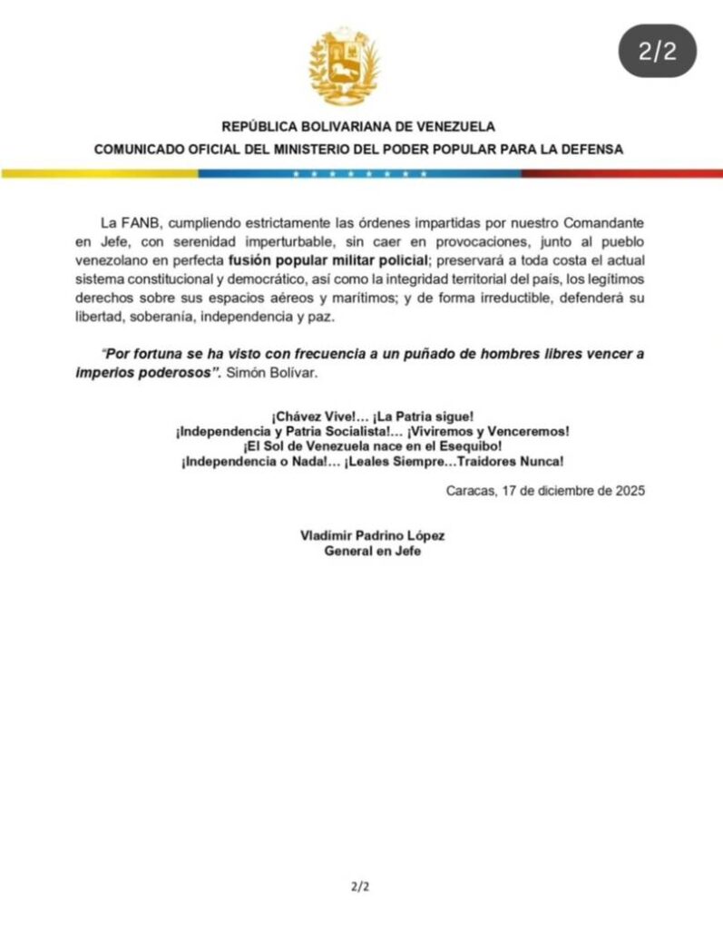 Comunicado de FANB ante intención de EEUU de confiscar busques venezolanos