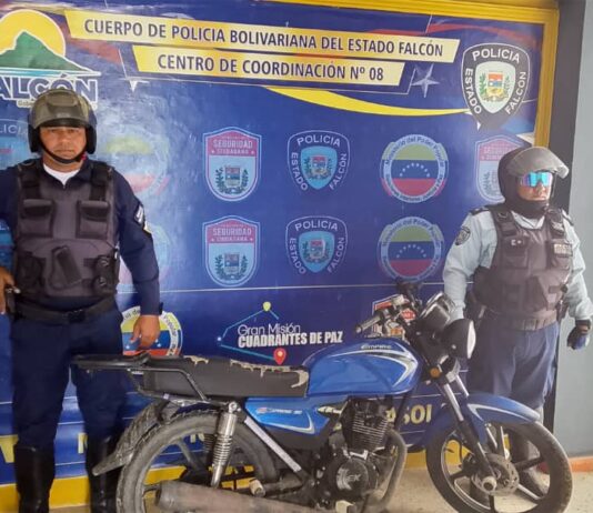 Moto abandonada en una persecución en Tucacas quedó a disposición del Ministerio Público