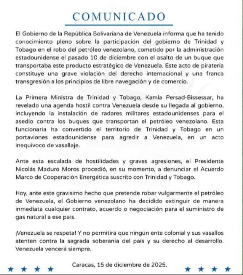 Gobierno rompió lazo energético con Trinidad y Tobago