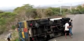 Falla mecánica en neumático trasero provoca vuelco de camión cargado de aguacates en la Morón-Coro